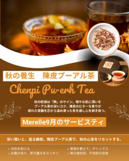 ・
9月を迎え、朝夕には少しずつ秋の気配を感じる頃となりました🍂

いつもご愛顧いただき、心より感謝申し上げます。

夏のお疲れがお肌やお身体に現れやすいこの季節。
日常から少し離れ、心と身体をゆるめる上質なひとときをお過ごしいただけましたら幸いです。

9月サービスティー🫖は陳皮プーアル茶😊
微生物の働きを利用して熟成させる後発酵茶の代表格の
プーアル茶と陳皮（乾燥させた柑橘の皮）を組み合わせたお茶です。

プーアル茶のポリフェノールや陳皮のヘスペリジン・ノビレチンなどが脂質代謝との関係で研究されています。

年齢を重ねるほど大切にしたいのは
外側からのお手入れだけではなく毎日の食生活や
腸内環境を意識した「内側からの美容習慣」です✨🌿

発酵茶を取り入れることは
健やかな毎日を支える新しい腸活習慣のひとつ。
美容と健康を意識する方にうれしい成分も含まれています。

トリートメント後に
一杯のお茶から、内側も整える。

5年後、10年後の健康と美しさのために
大人のための、上質なエイジングケア習慣を💞

9月も皆さまにお会いできますことを、楽しみにお待ちしております。

#養生茶 #merelle #tea #autumn #esthetics